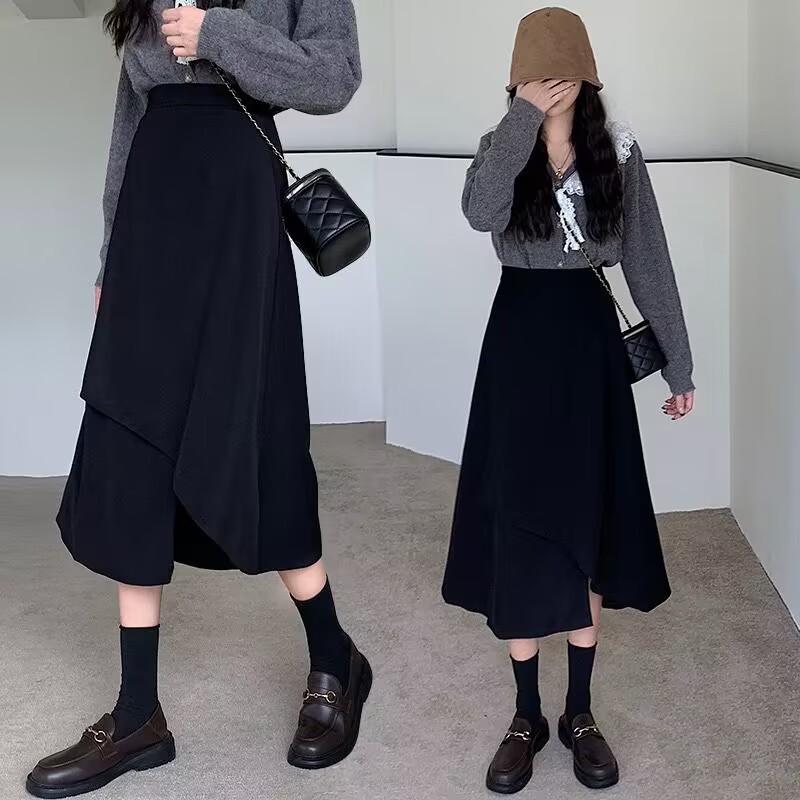 Irregular Split Black Skirt Women's Autumn 2024 Mid-length A- line Skirt High Waist Slimming Fashionable Hip Skirt