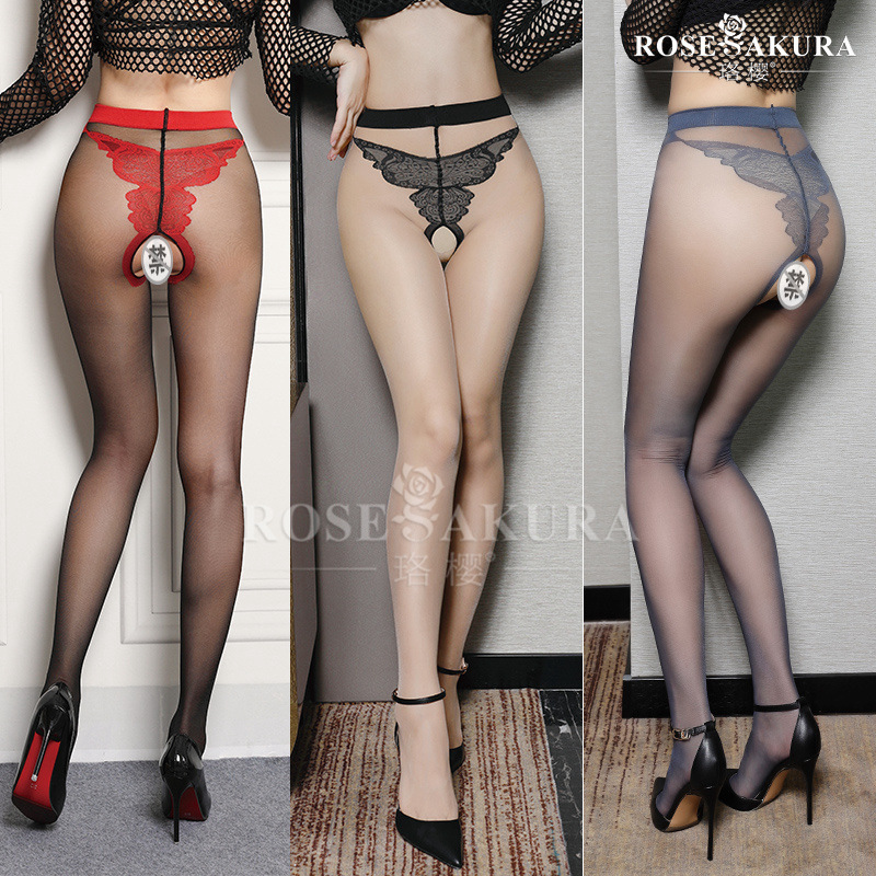 Luo Ying Open-Crotch Pantyhose Bikini Open-Crotch Stockings Temptation Sexy Black Contrast Erotic Beautiful Legs 0832 Bare Legs