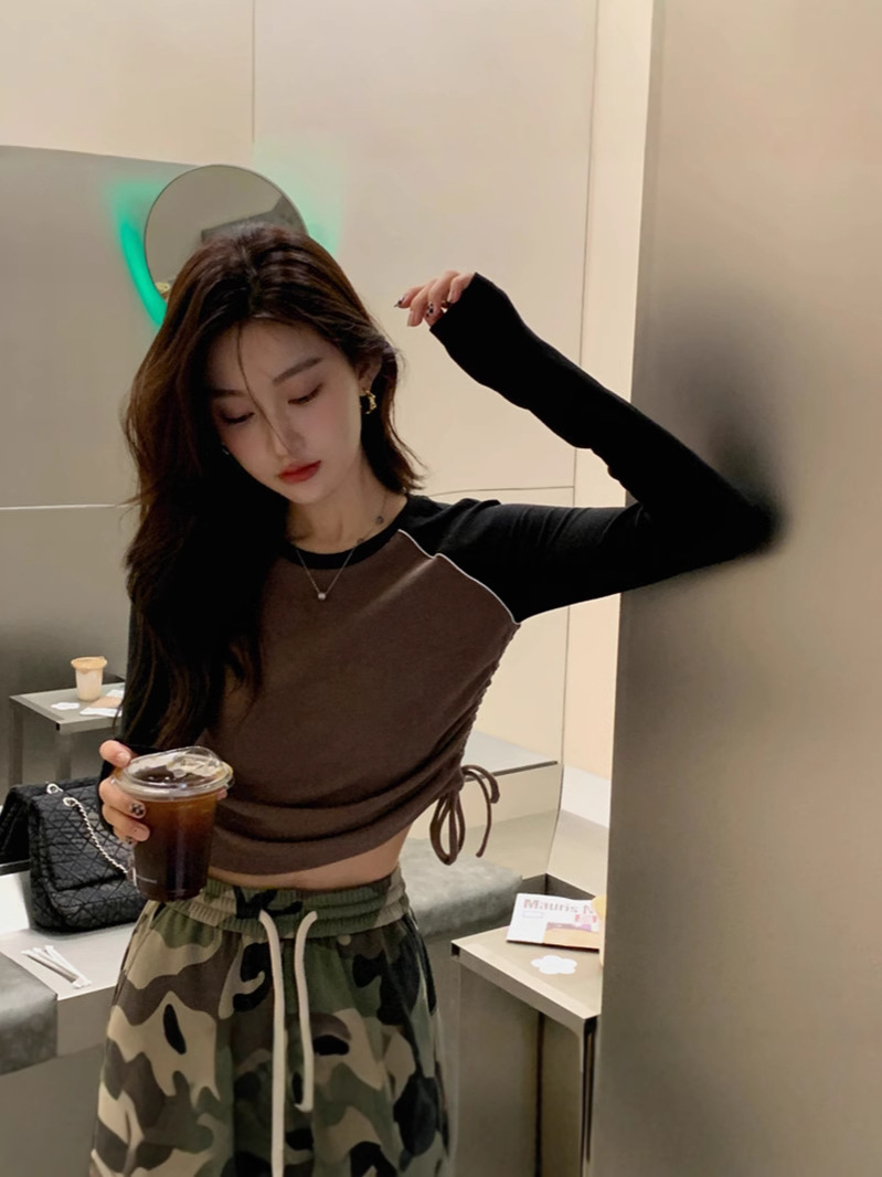 Spice Girl Contrast Color Stitching Pure Long Sleeve T-shirt Women's Spring and Autumn Design Chic Short Slim Fit Top Contrast Color Slim