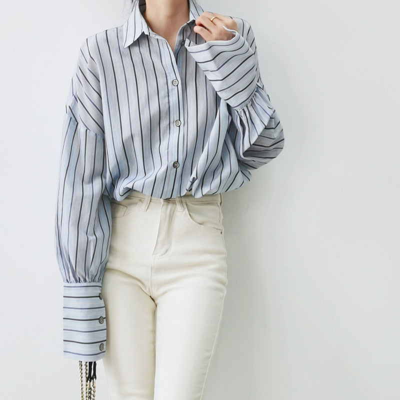 New French Style Lazy Boyfriend Style Blue Pinstripe Loose Silk Cotton Shirt Women's Mid-length Buckle Shirt