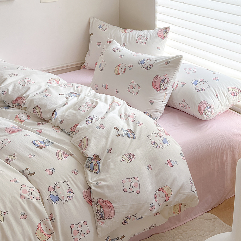 Picture of Class A Mother and Infant Grade Washed Cotton Four-piece Set Cotton ins Style Cartoon Fresh Cotton Bed Cover Three-piece Set