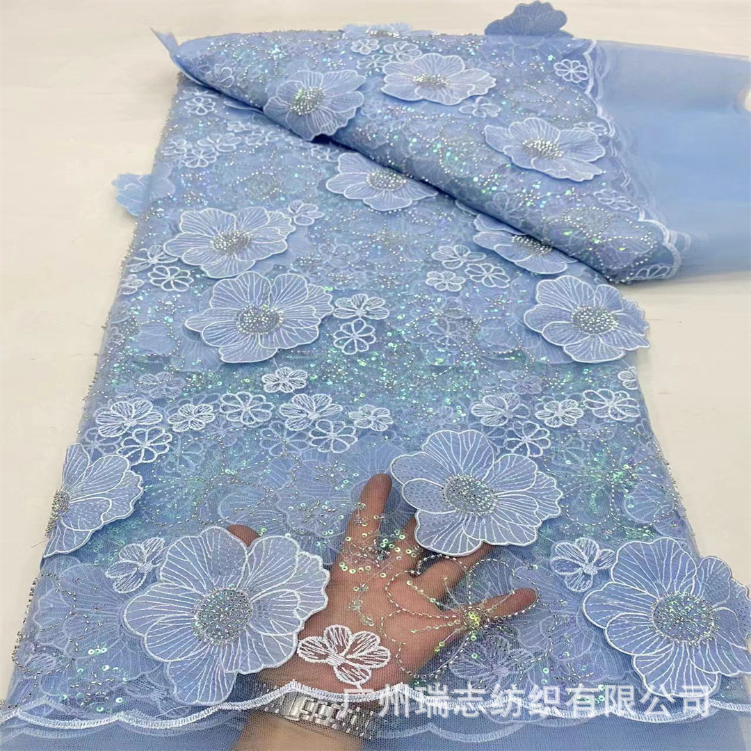 French wedding dress sequin three-dimensional flower dark pattern embroidered mesh fabric fairy dress children's dress lace