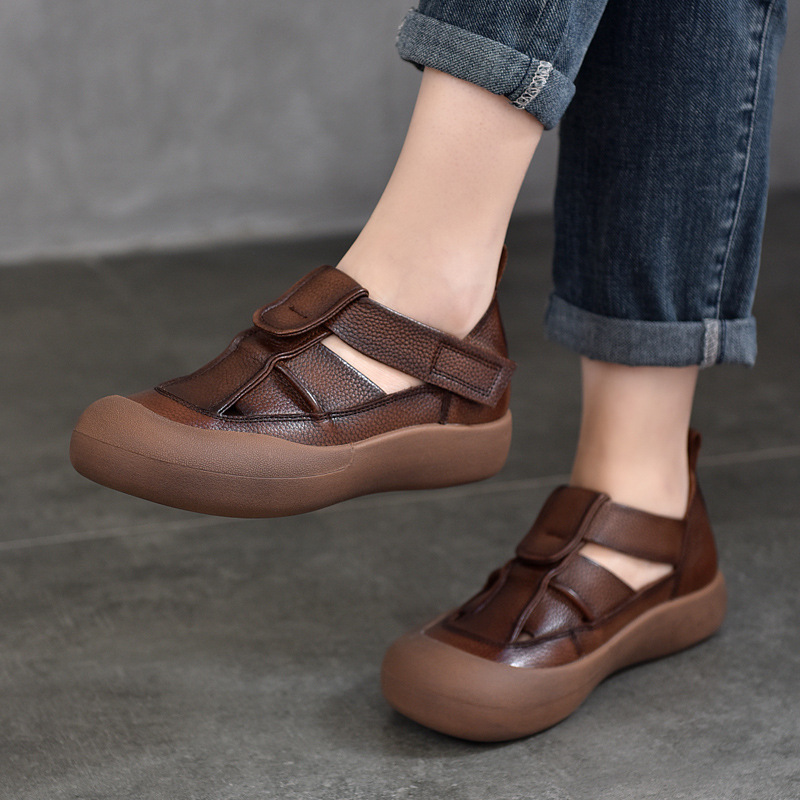 [Event Price 118] Casual Shoes Summer Hollow Sandals Velcro First Layer Cowhide Low-Top Roman Shoes