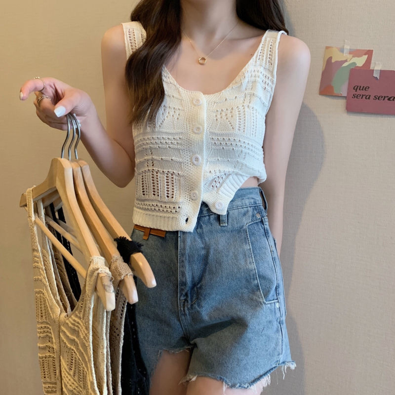 Summer 2022 New Sweet All-match Design Sense Top Women's Wear Hollow Out Knitted Camisole Students