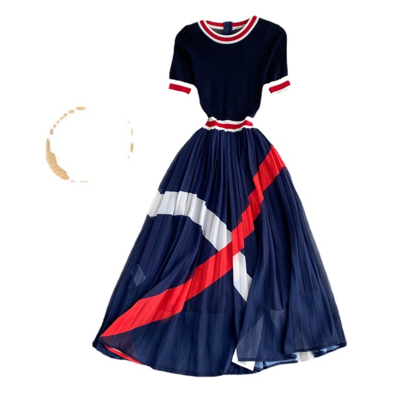 Cross-border knitted short-sleeved design sense color matching stripe stitching heavy-duty crimped chiffon dress new summer slim skirt