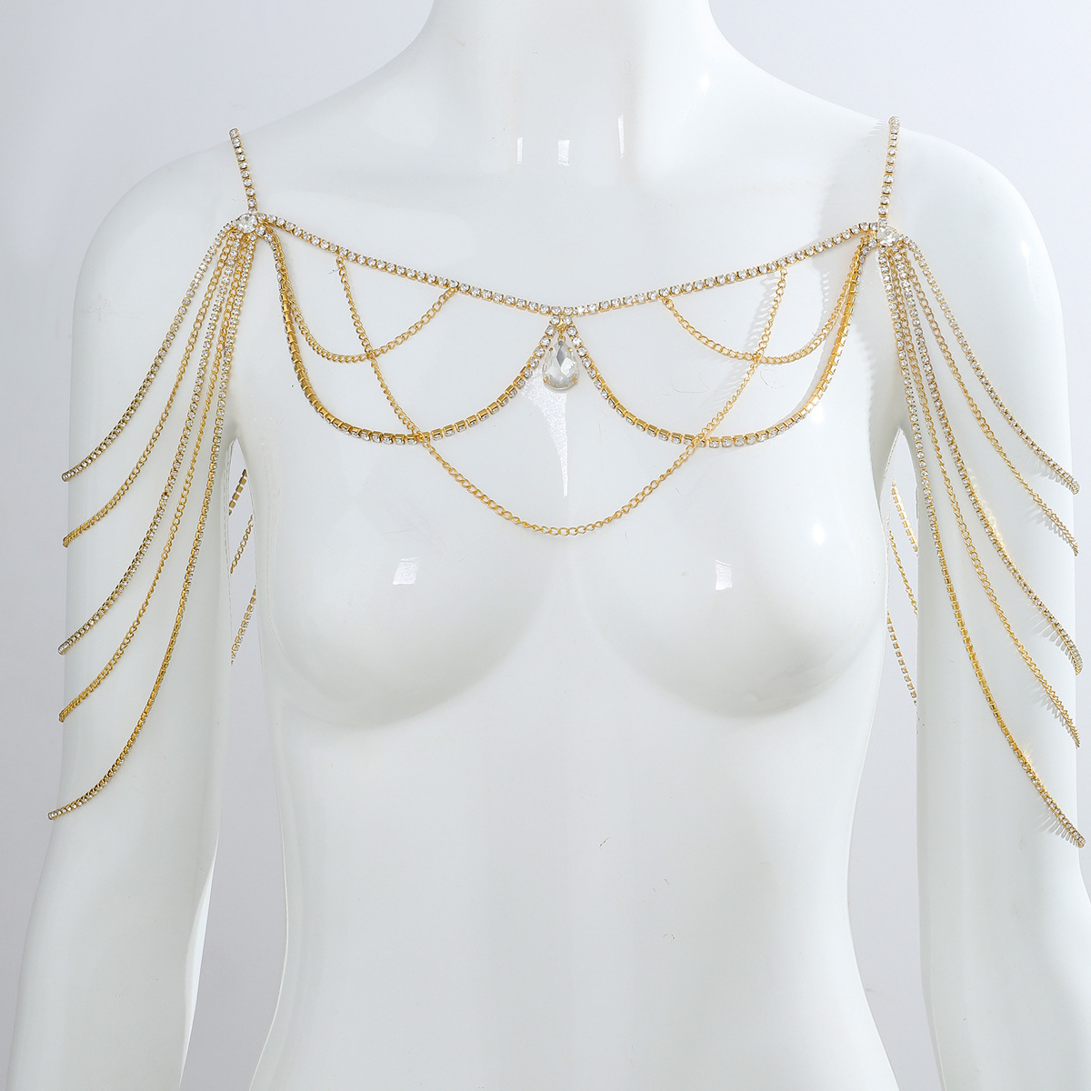 Picture of Light Luxury Fashion Gorgeous Party Sexy Chest Chain Full Diamond Luxury Shiny Rhinestone European and American Evening Dress Accessories Shoulder Chain