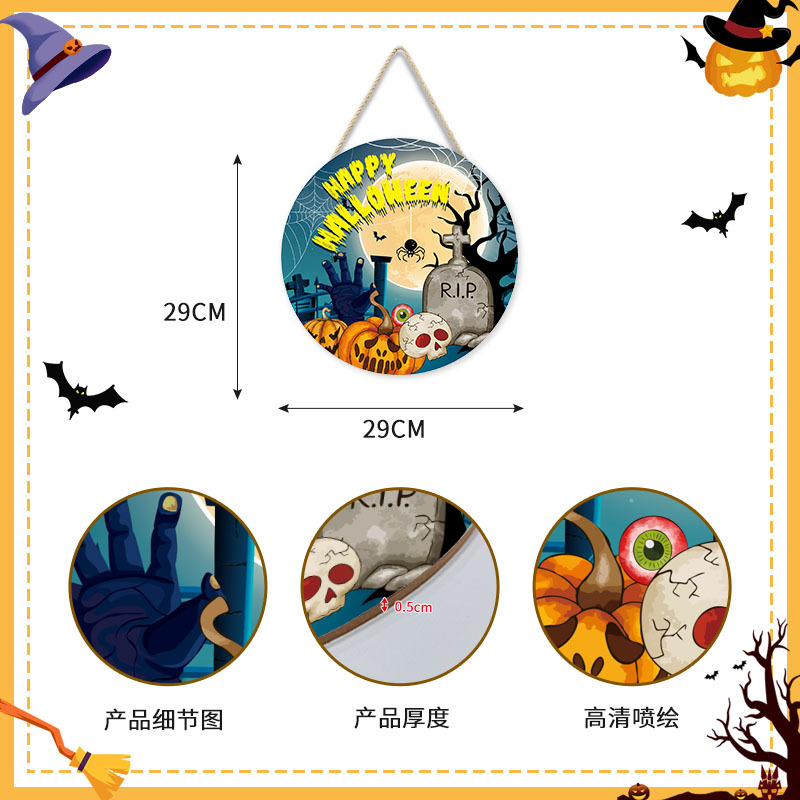 Picture of Cross-Border New Halloween Wall Decoration Wall Hanging Round Pumpkin Cat Horror Festival Welcome Wood Art Wall Decoration Door Hanging