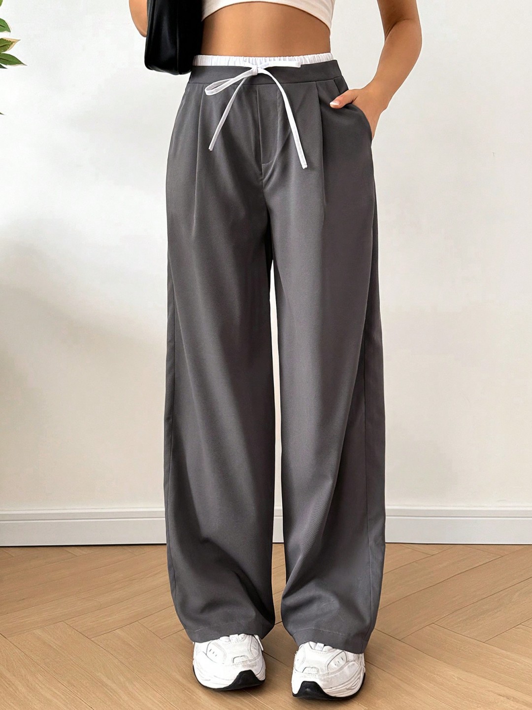 European and American Foreign Trade Amazon Cross-border Casual Women's Casual Pants with Drawstring Loose Contrast Color Pocket