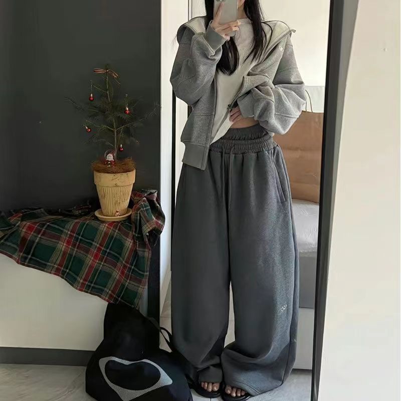 [Hua Mian Double Waist] ins Internet Celebrity Retro Lazy Style Spring Distinctive Wide Leg Embroidered Leisure Pants