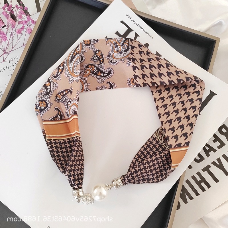 Magnetic buckle silk scarf long summer pearl buckle water houndstooth necklace type lazy small scarf spring and autumn neck protection tide