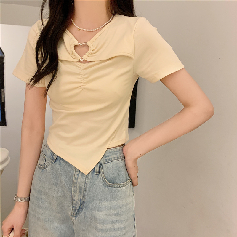 Short Pure Desire Niche Short Top Women's Scheming Large Size Sweet Age-reducing Love Hollow Short-sleeved T-shirt for Summer