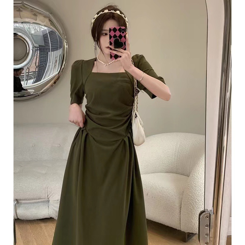 2024 New Summer Tea Break French Dress for Fat Women, High-End Square Collar, Waist Slimming Look Long Skirt
