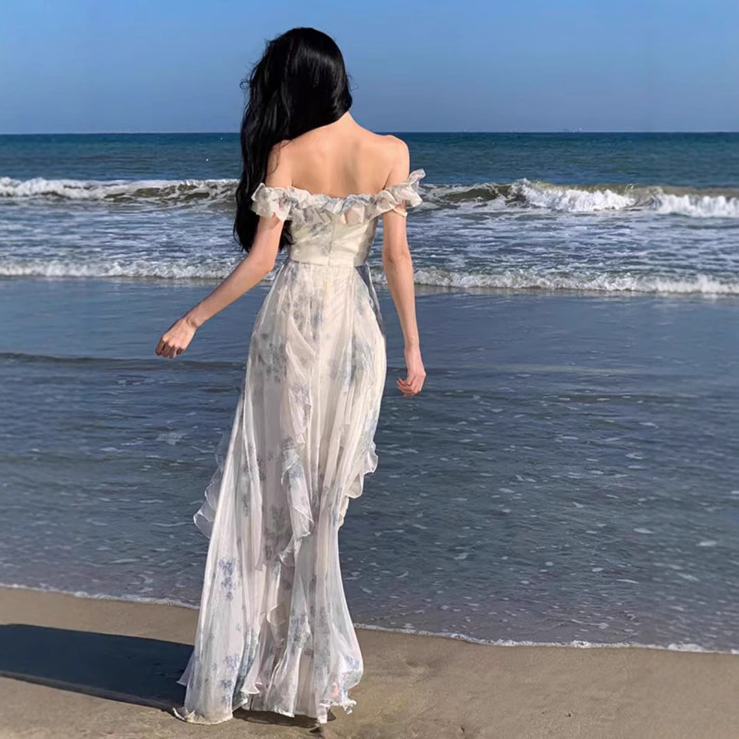 Picture of Seaside Holiday Style Suspender Dress Yarn French Ruffled Beach dress Atmosphere Long Dress Elegant Fairy Style