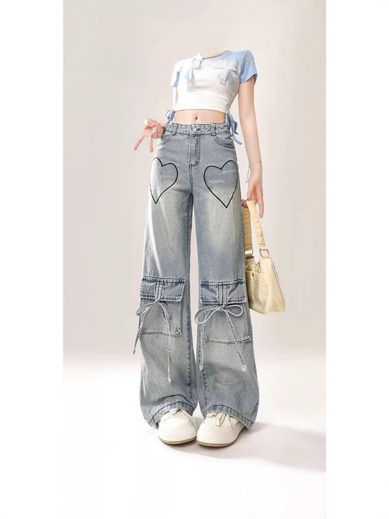 Love Embroidered Bow Strap Design Jeans Women's Spring 2025 New Loose Wide Leg Trousers