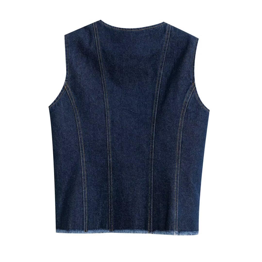 Picture of New Women's Raw Edge Navy Blue Sleeveless Vest Casual Round Neck Cardigan Women's Vest European and American Style Cross-Border