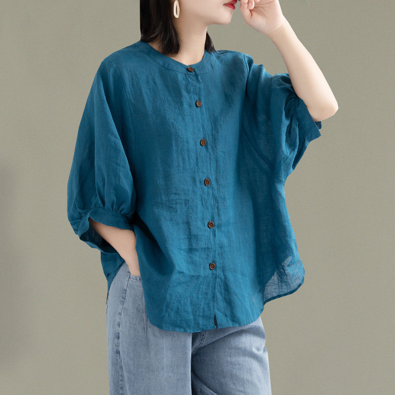 Summer Plus-Size Loose Cotton-Linen Shirt for Women, Solid Color Casual Slim-Fit Lantern Sleeve Thin Top Versatile