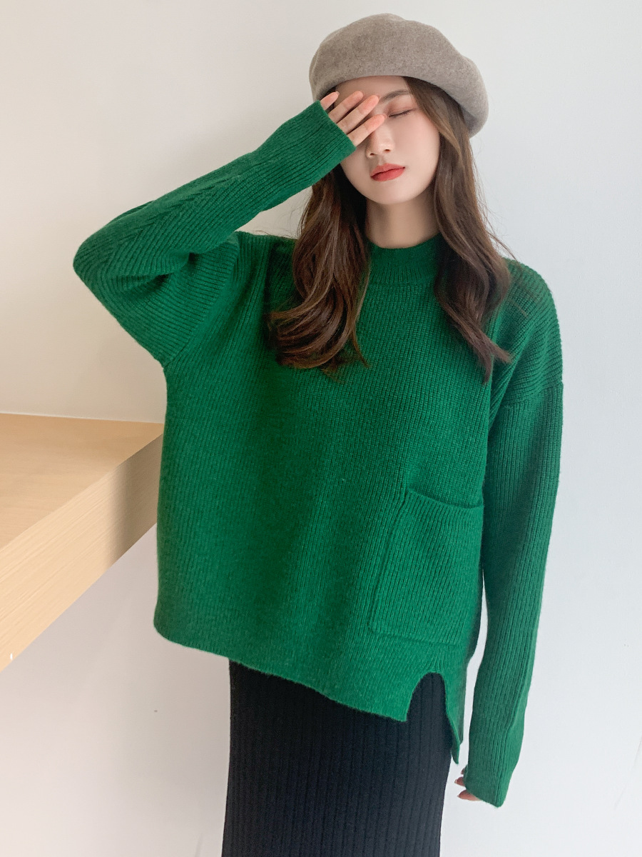 Lazy style pullover sweater women's spring and autumn new loose split coat pocket sweater top wholesale clearance