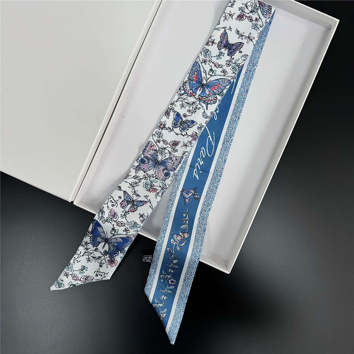 Picture of 2025 Butterfly Ribbon Imitation Silk Twill Thick Hairband Long Small Silk Scarf Women's Bag Butterfly Ribbon Silk Scarf