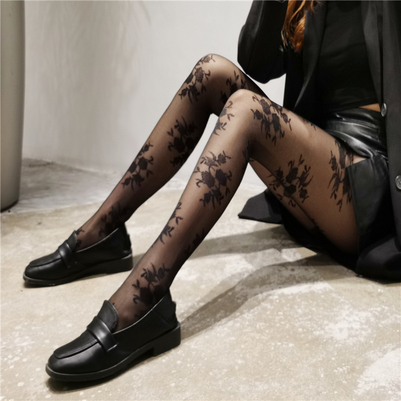 Picture of Vintage Rose Silk Stockings Women's Pure Sexy Black Silk Thin White Lace Sweet Trendy Anti-hook Silk Pantyhose