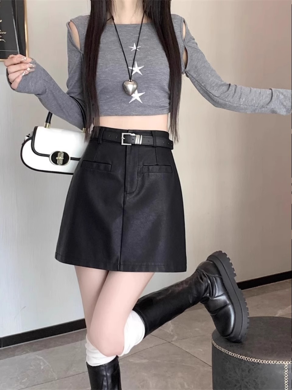 Black Leather Skirt Women's Spice Girl Skirt 2024 Autumn and Winter High Waist Straight Tube Slimming Tall A- word Anti-glare PU Skirt