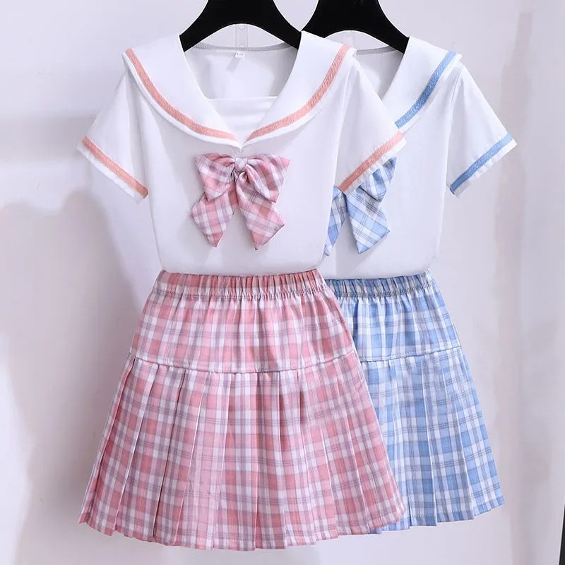 Picture of Girls' Set Plaid Skirt New Summer Primary and Secondary School Students' Summer Dress Fried Street Foreign Style jk College Style Children's Two-Piece Set