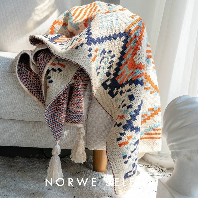 Picture of Bohemian sofa blanket ethnic style blanket Nordic shawl air conditioning blanket B & B knitted tassel bed blanket