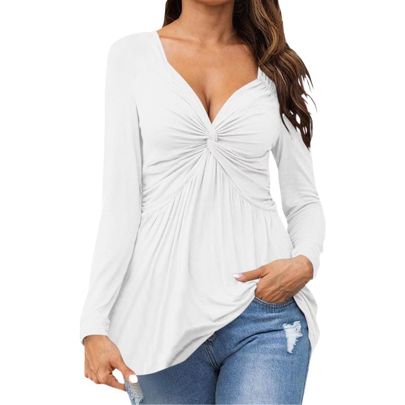 2023 European and American new women's V-neck front Knot shirt long sleeve elegant casual T-shirt solid color pullover top