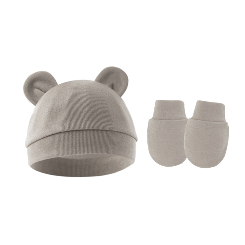 Picture of 2022 Foreign Trade Baby Fetal Hat Baby Pullover Cap Single Layer Bear Ear Hat Anti-scratch Gloves 2 Pieces Set