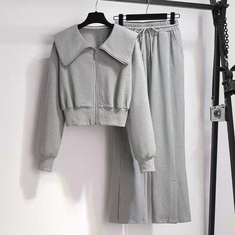 Fashion casual sweater sports suit women's 2023 new autumn and winter short top wide leg pants two-piece set