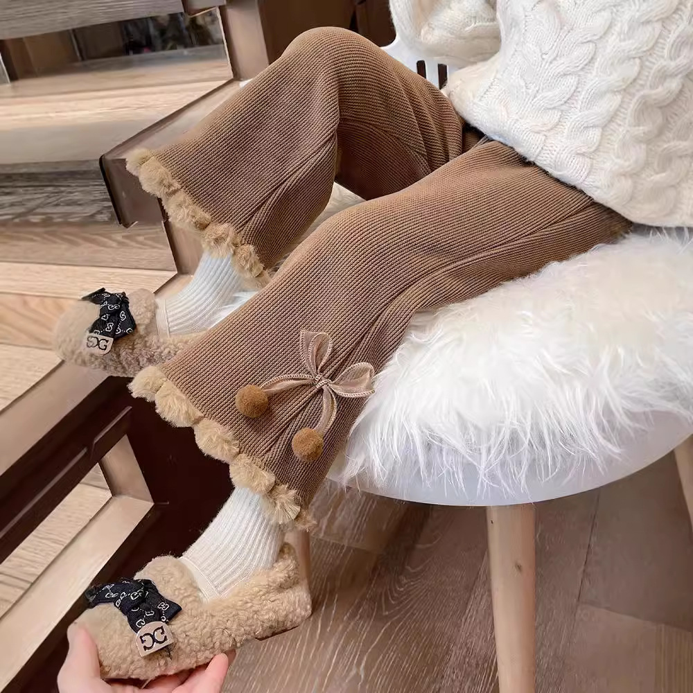 Girls' Fleece-Lined Wide-Leg Pants, Warm Outerwear, Chanel-Style Leggings, Korean Version, Thickened, Ins-Style Baby Flared Pants