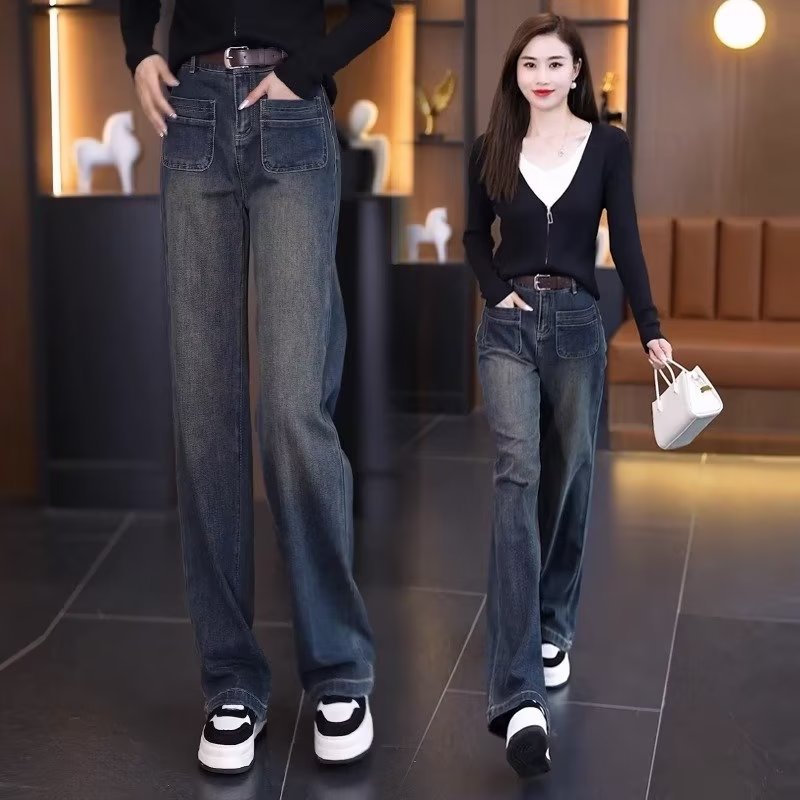Narrow wide-leg jeans for women Spring and Autumn 2023 new popular high waist loose slimming Gray straight long pants