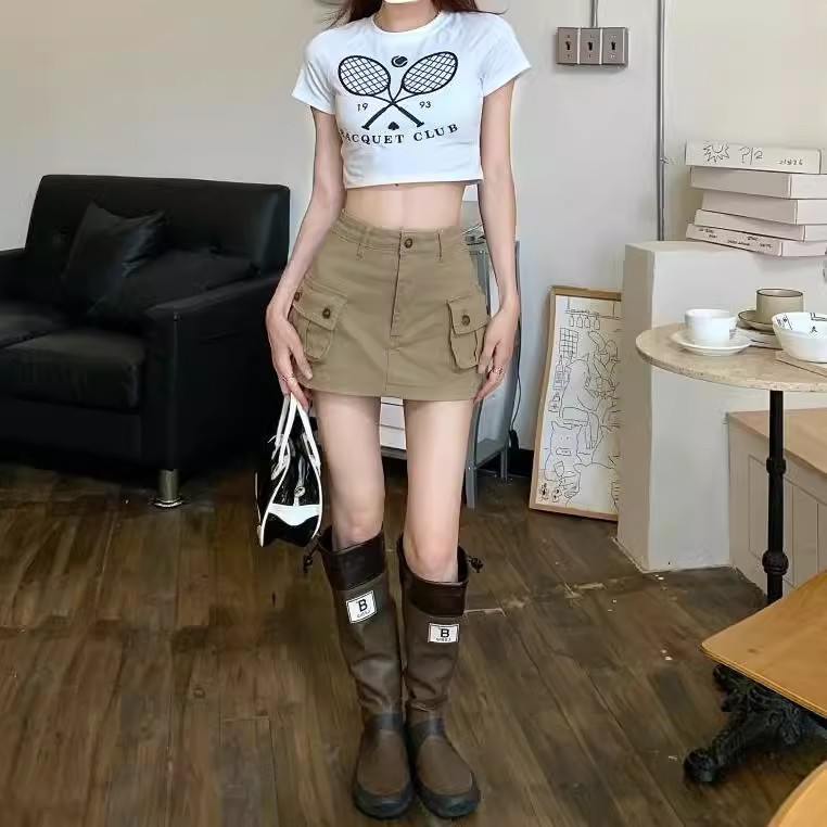 khaki Workwear Skirt Women's Spring and Summer Spice Girls Anti-glare Slimming Retro Skirt High Waist A- line Short Skirt