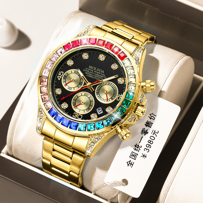 New Rainbow Di Men's Watch Three-eye Six-pin Multifunctional Business Quartz Watch Colorful Diamond Waterproof Watch