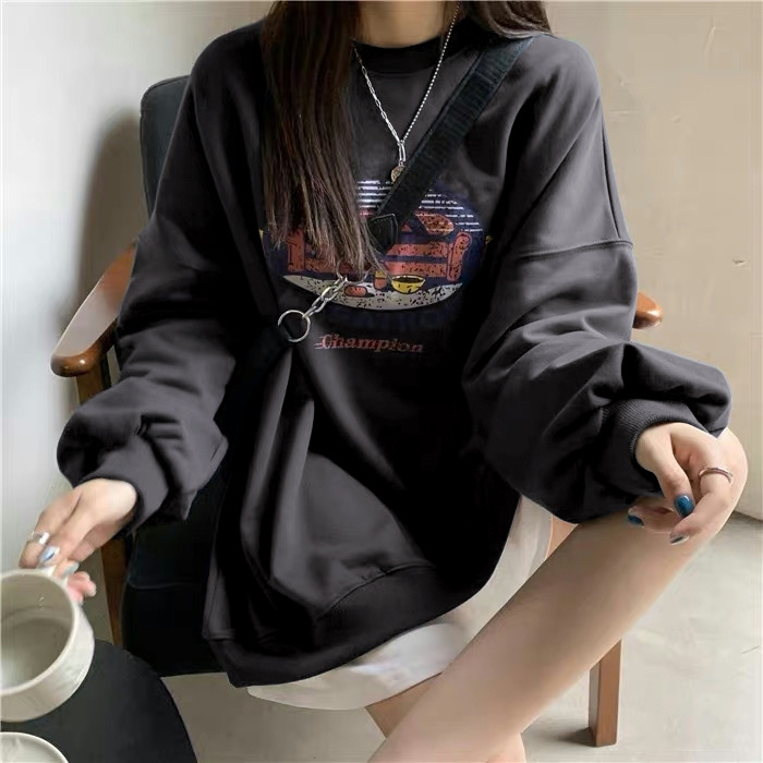 Picture of American Style Retro Printed Round Neck Sweater Women's Autumn Clothing Student Base Shirt Regular Casual Loose Top Thin Trendy