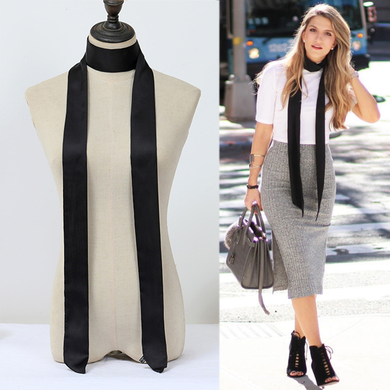 Silk Scarf Women's All-match Double-layer Thin Narrow Long Small Long Scarf Korean Style Belt Summer Professional Scarf Decorative Black Tie