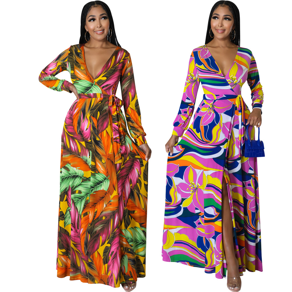 SMR11314 cross-border Amazon new European and American sexy fashion digital printing V-neck long-sleeved women's clothing dress