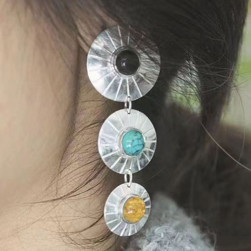European and American Cross-border Hot Sale Round Turquoise Earrings Bohemian Vintage Distinctive Earrings Niche Jewelry