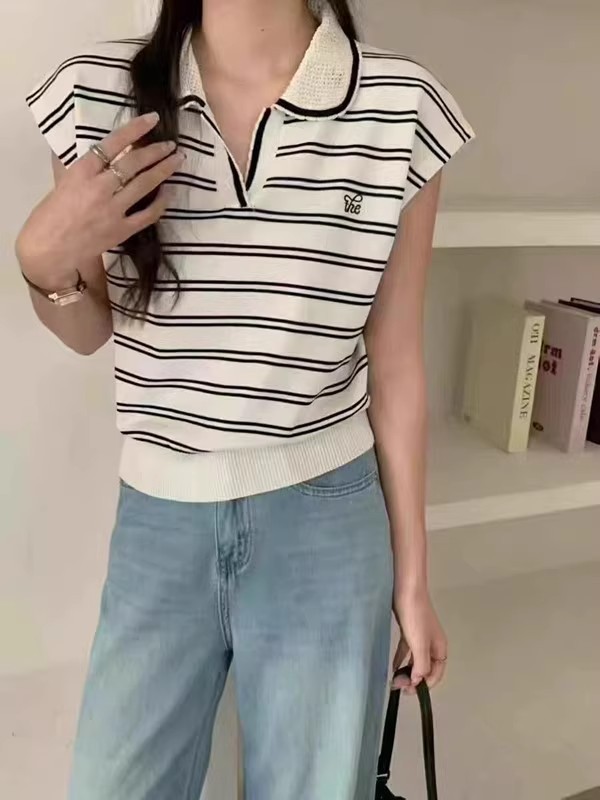 Doll collar striped niche knitted top women's summer embroidery lazy style versatile small flying sleeve straight shoulder T-shirt trend ins