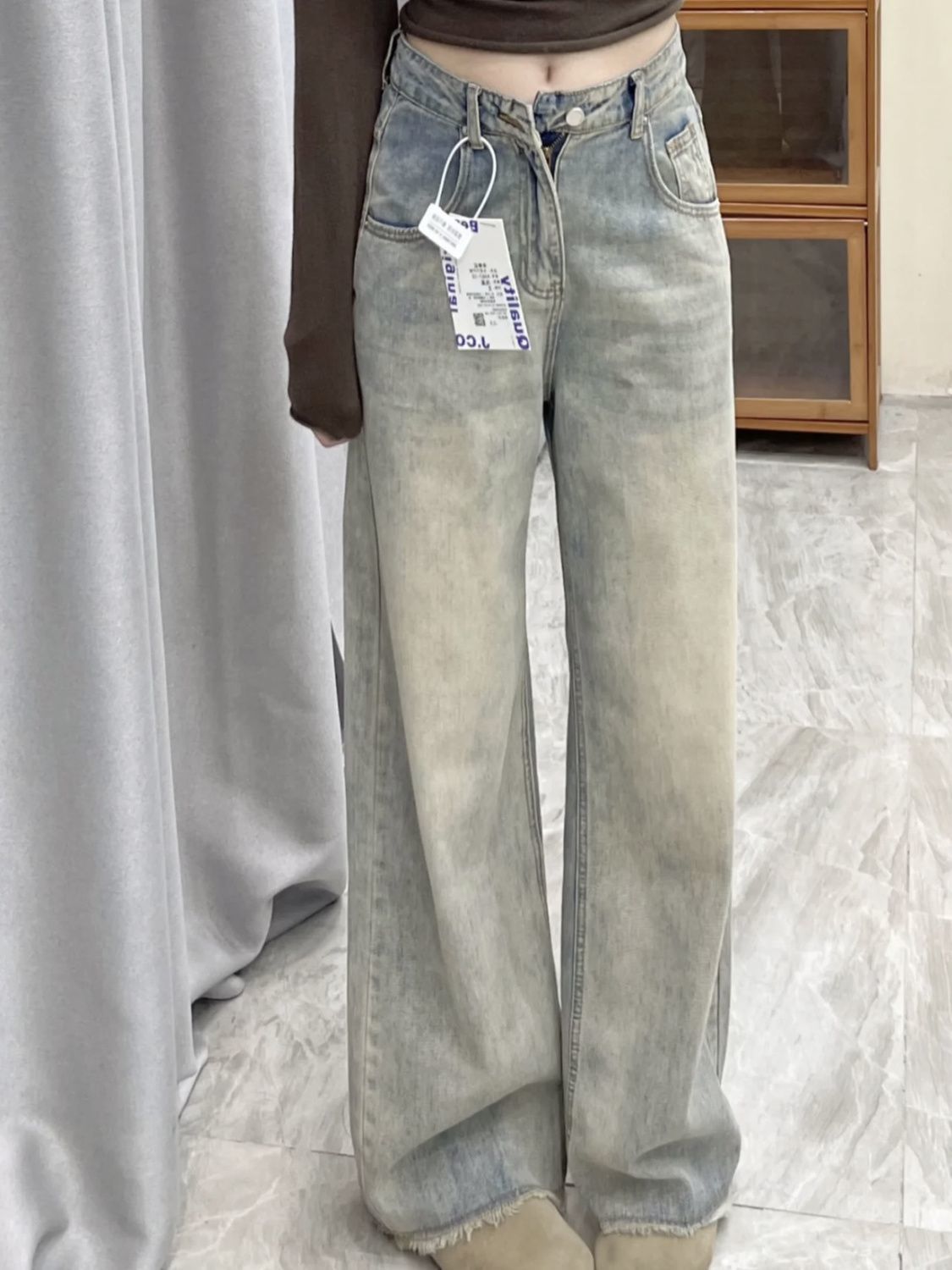 Small Retro Old Wide Leg Jeans Women's 2024 New High Waist Dipped Straight Loose Slim-fit Pants