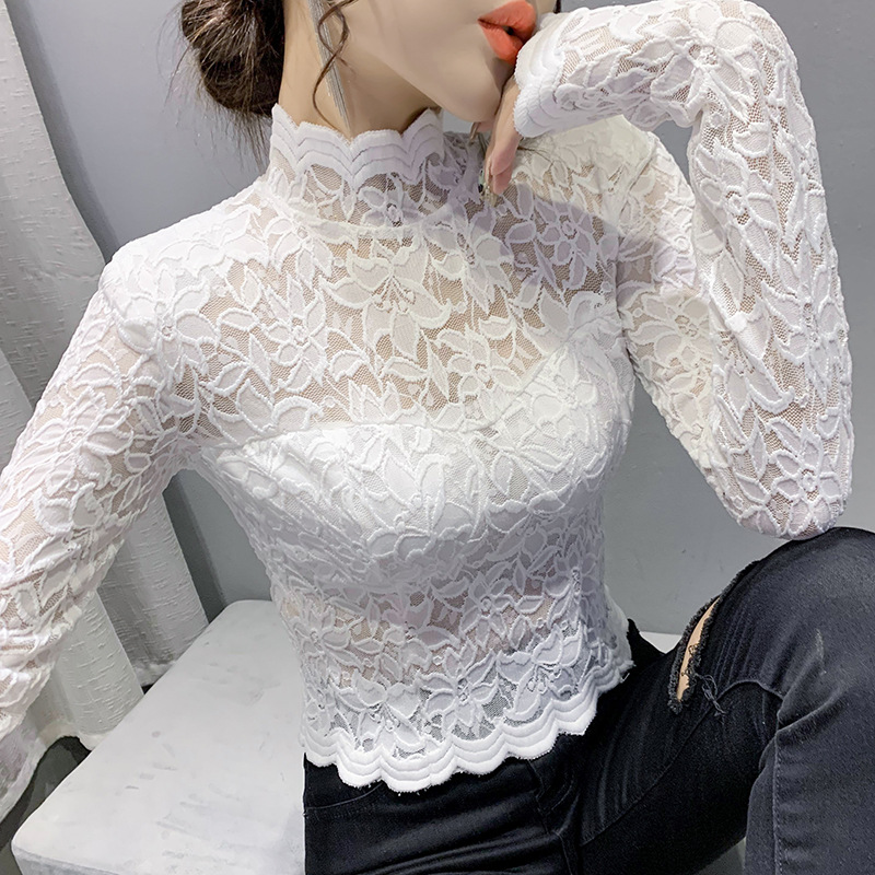 European Station Real Shot 2021 Autumn Stand Collar Lace Long Sleeve Stitching Hollow-out Slim-fit Slimming Women's Top Base Shirt
