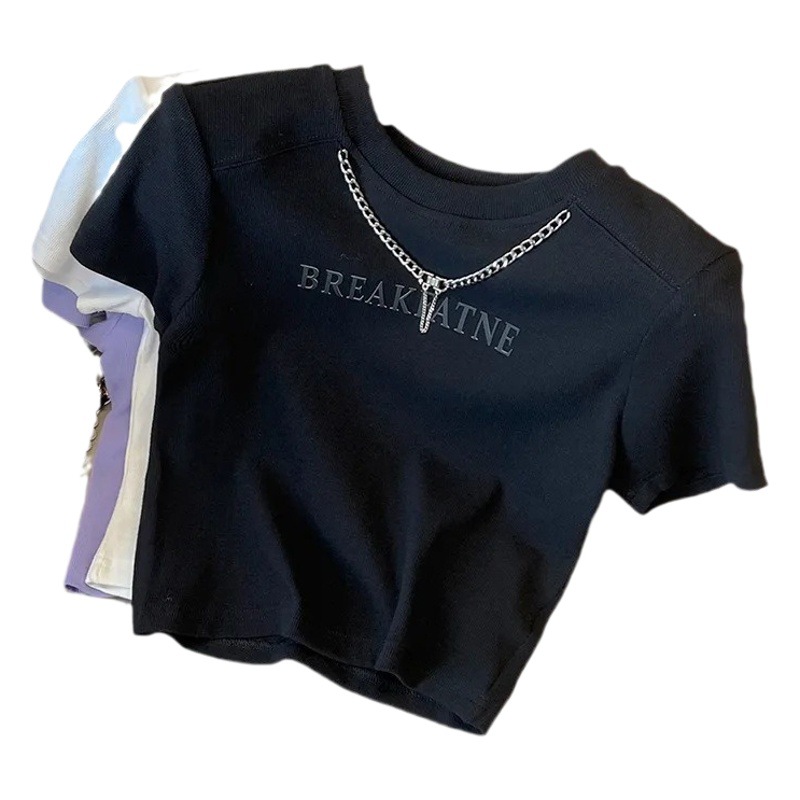 European Goods Short-sleeved T-shirt with Chain Letter for Female Students Summer New Design Sense Niche Short All-match Top Trendy