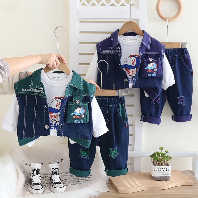 2025 Spring Long Sleeve suit Korean New Baby Spring and Autumn Western Style Children's Wear Hat Vest Long Sleeve Three-Piece Fashionable Set