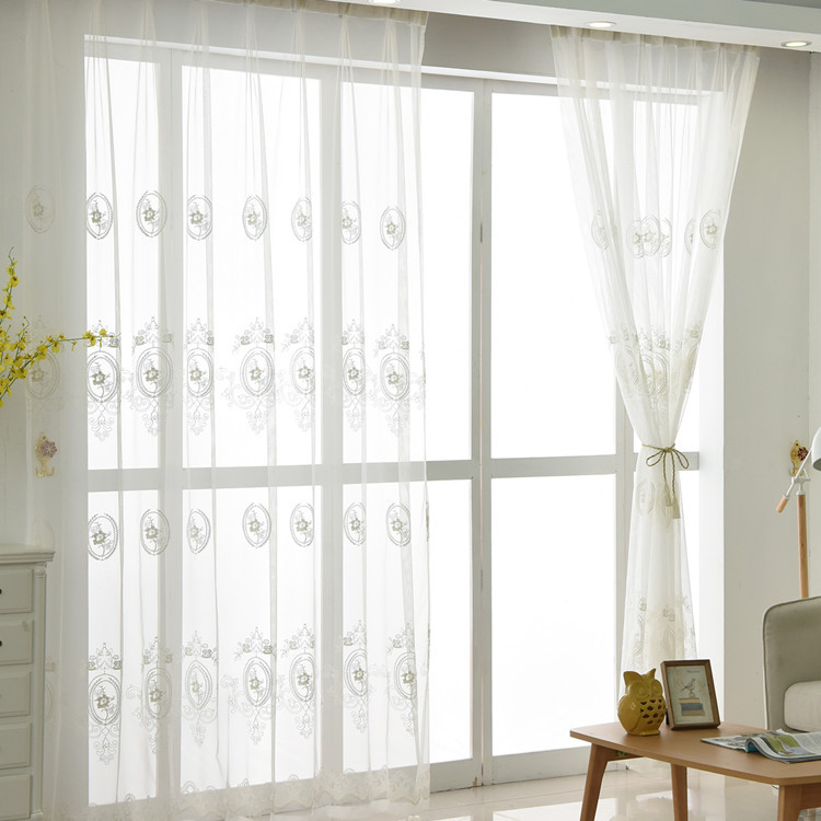 Picture of White flower cover embroidered cotton linen curtain screen living room finished bedroom bay window balcony floor-to-ceiling window wholesale