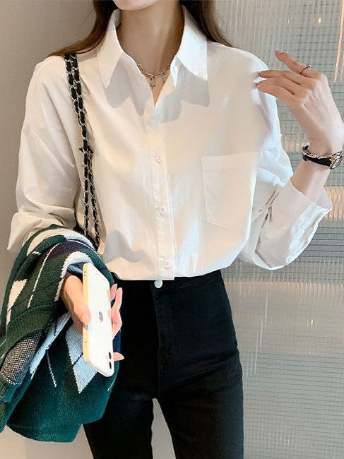 Picture of Polo Collar Long-sleeved White Shirt Women's Autumn New Korean Style Loose All-match Casual Elegant Cardigan Top for Outer Wear