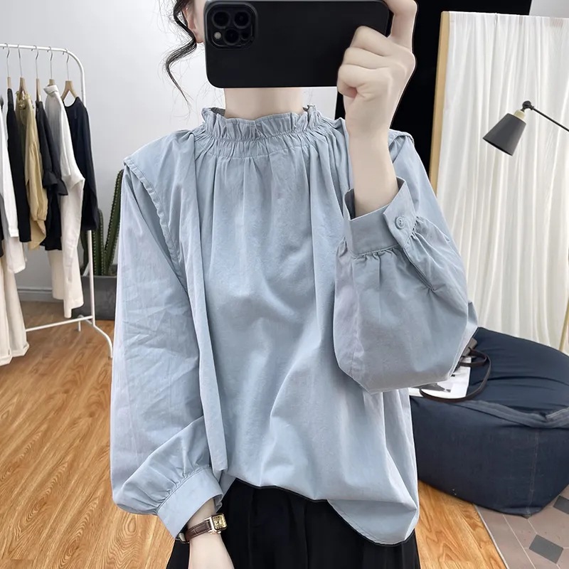 Women's Spring and Summer Lotus Collar Lantern Sleeve Cotton Linen Long Sleeve Shirt New Retro Age-reducing Top Pullover Loose Shirt