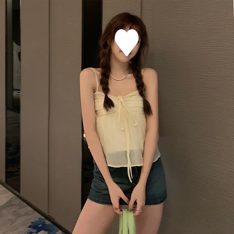 Korean design of sweet doll top female summer 2022 bow strap strap bottom suspenders chiffon shirt