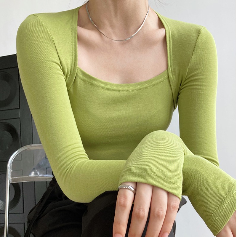 South Korea Dongdaemun 2021 Early Autumn New Slim-fit Long-sleeved T-shirt Base Shirt Sexy Square Collar Solid Color All-match Top