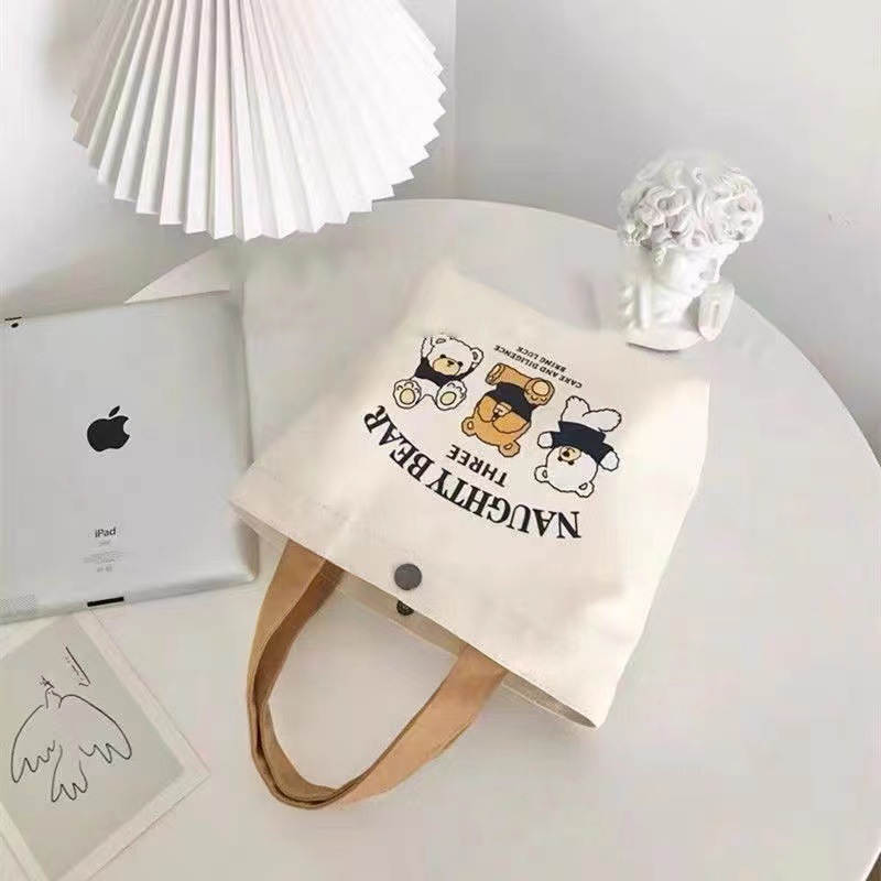 Small Bear Canvas Bag Female Student Cute Lunch Box Handbag Office Student Lunch Bag Casual All-match Handbag