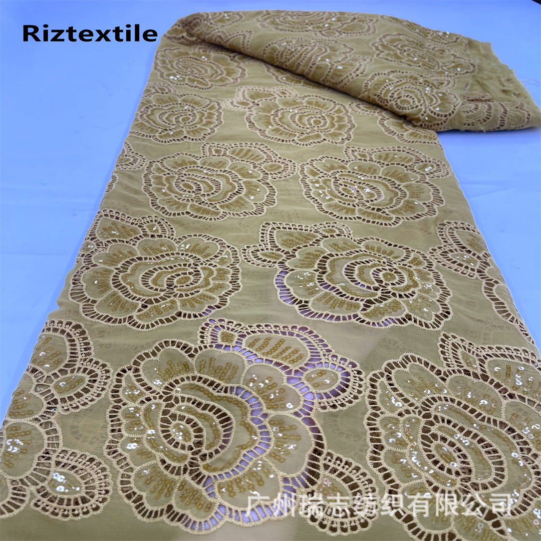 in stock Chiffon Laser Flower Sequin Lace Fabric African Bride Clothing Hollow dress Women Embroidered Cloth
