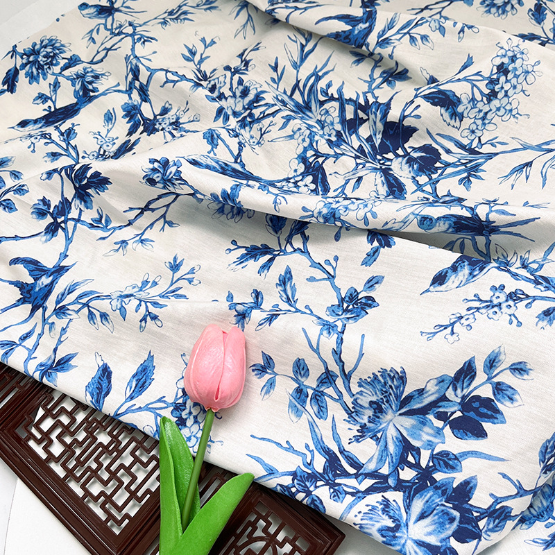 Blue and white elegant charm, cotton 40-count poplin digital printed fabric, children's shirts, dresses, clothing, handmade fabrics